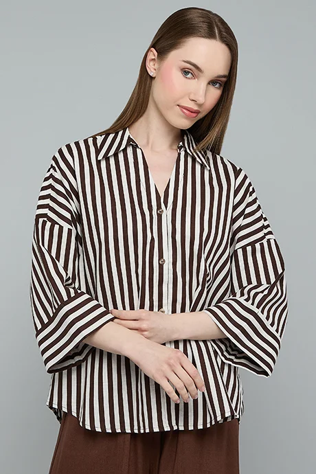 أر أند بي Striped Shirt with Spread Collar and 3/4 Sleeves