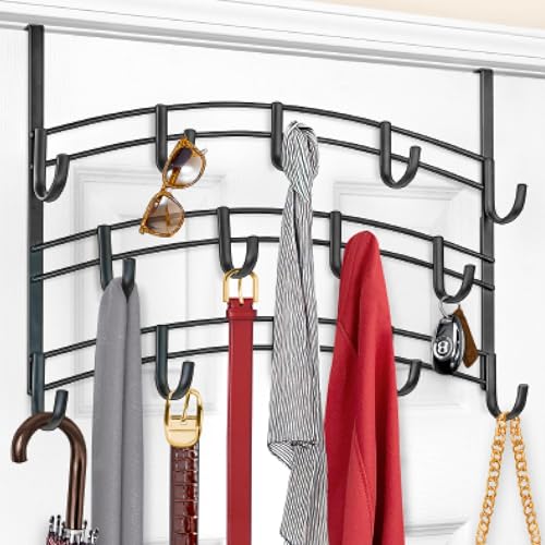 LYNK Professional® Home™ Over Door Hooks Rack - 14 Hook Over Door Hanger - Over Door Towel Rack - Hanging Towels or Clothes - Bathroom, Bedroom or Laundry Room - Lifetime Ltd. Warranty - Black - Image 1