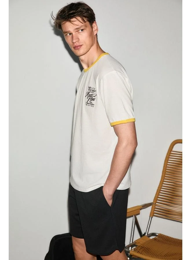 GRIMELANGE GOLONDRO Men's 100% Organic Cotton Contrast Trim Printed Detailed Regular Fit Beige T-Shirt.