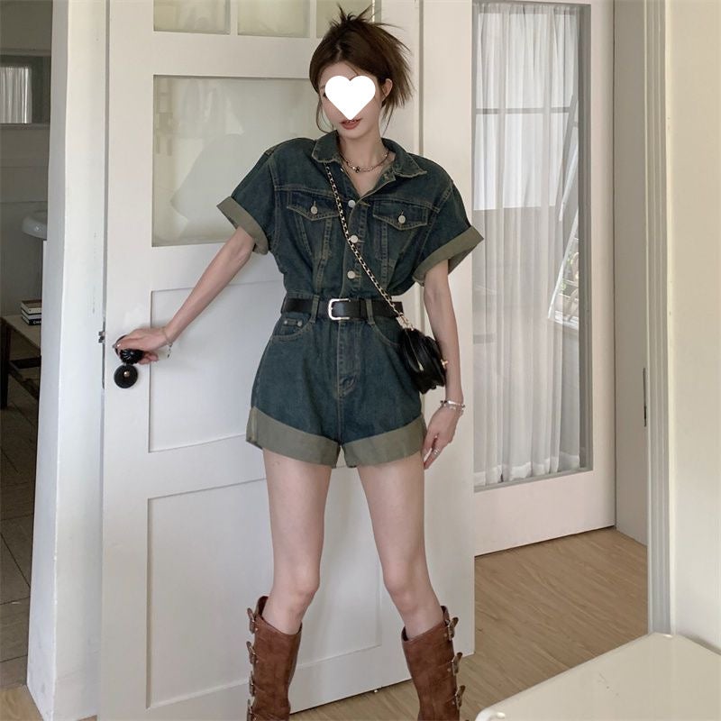 [3937 People Collected] Rolled-Up Jumpsuit Jeans for Women Summer 2025 New Design Retro Slimming Look Wide Retro blue [follow the store to get a belt]