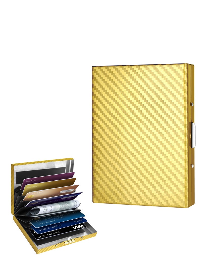 T NEWFUN Textured Stainless Steel RFID Card Holder – Anti-Slip Etched Metal Credit Card Case– Slim Wallet for Men & Women (Gold)  - Image 1