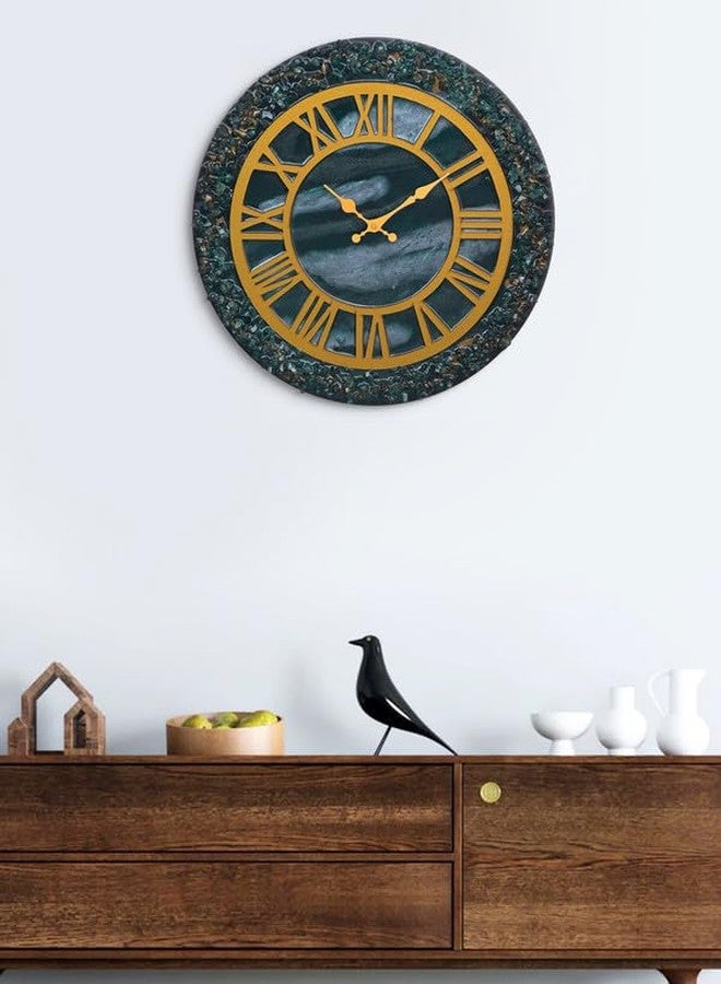 CHRONIKLE Elegant Epoxy Resin Round Handcraft Green Shade and Stone Art Black Analog Roman Numbers Wall Clock for Living Room Home Office Decoration Gifts (Size: 38x6x38 CM | Weight: 1260 Gram) - Image 4