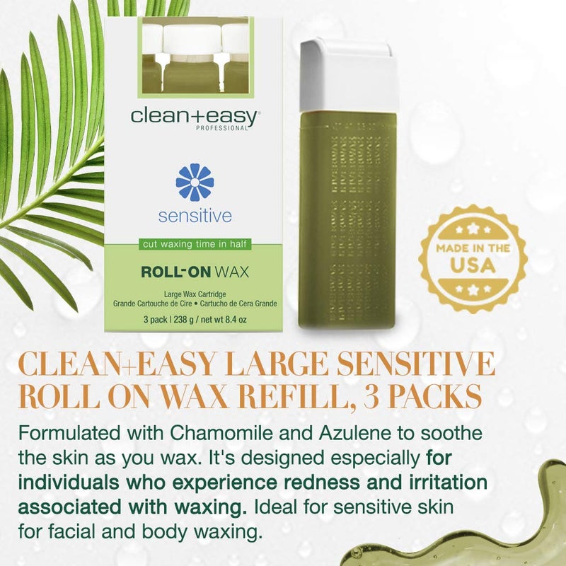Clean + Easy Large (Leg) Sensitive Roll-On Wax Refill, For Hygienic Facial And Body Hair Removal Treatment, Great for Sensitive Skin, Ideal for All Skin and Hair Types, 3-Pack - Image 4