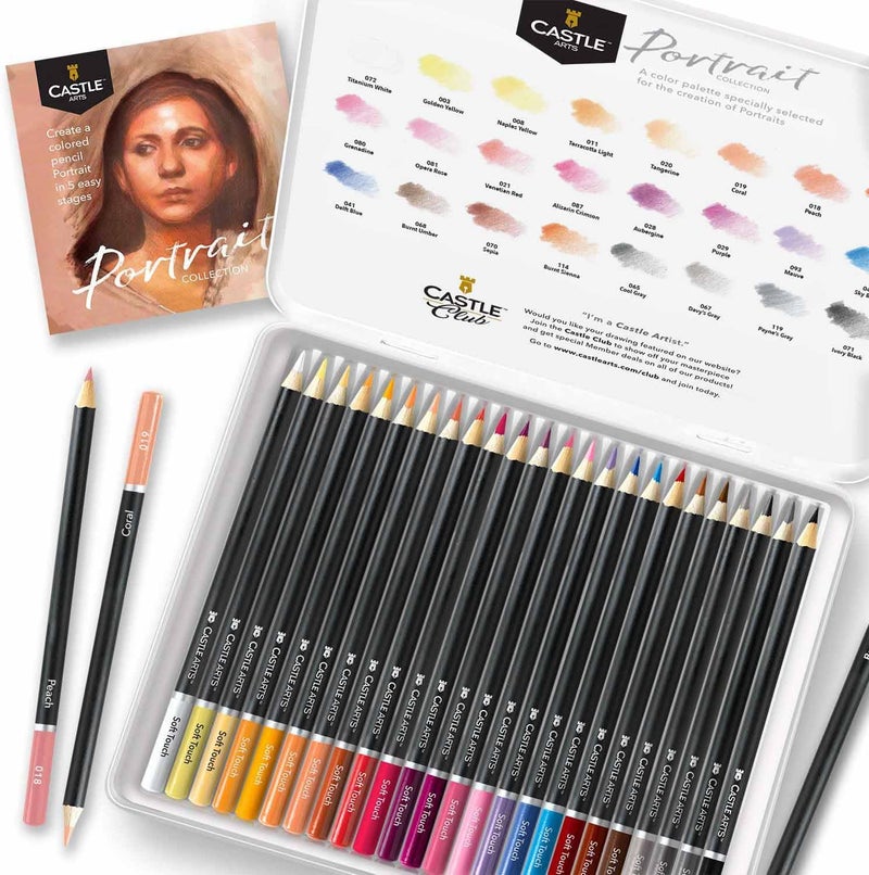 Castle Art Supplies مجموعة أقلام تلوين ملونة من كاسل آرتس 24 قلم في علبة معدنية، ألوان مثالية لـ 'البورتريهات'. - Image 2