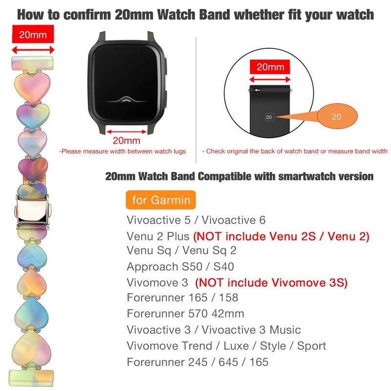 Abanen 20mm Translucent Resin Heart-Shaped lightweight Watch Band Adjustable with Foldover Clasp for Garmin Vivoactive 5 / Venu 2 Plus, Forerunner 165 (Multicolour) - Image 2