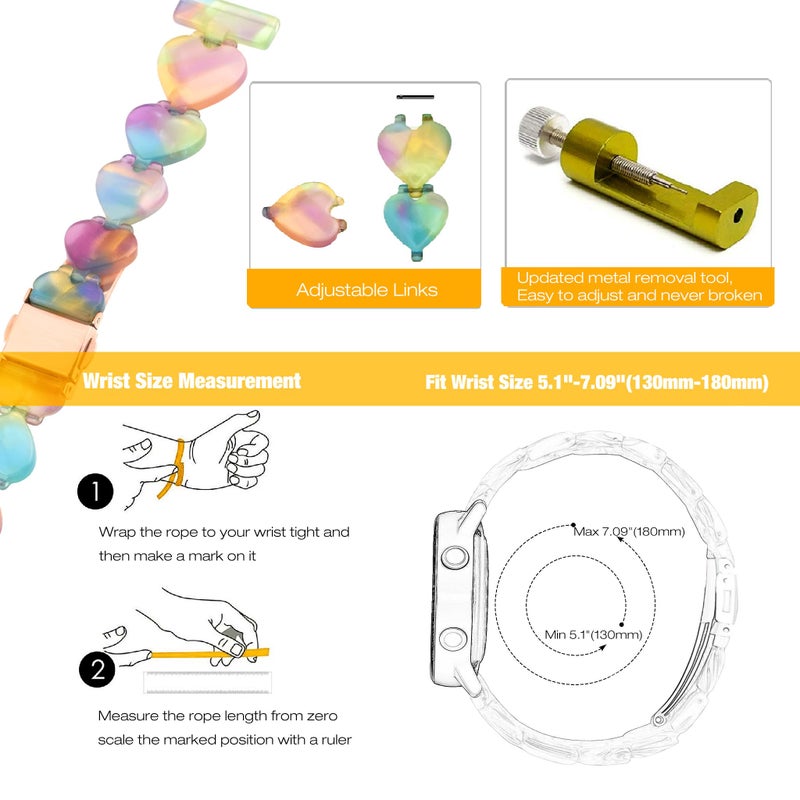 Abanen 20mm Translucent Resin Heart-Shaped lightweight Watch Band Adjustable with Foldover Clasp for Garmin Vivoactive 5 / Venu 2 Plus, Forerunner 165 (Multicolour) - Image 5