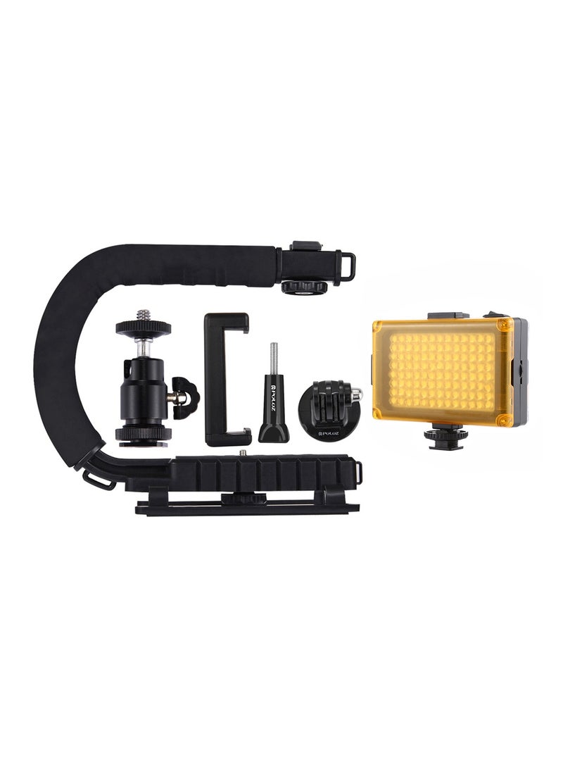 PULUZ - U/C Shape Portable Handheld Camera Bracket Stabilizer with LED Studio Light,1/4 inch Gimbal and Phone Clamp for SLR Camera Gopro Phone - Image 1