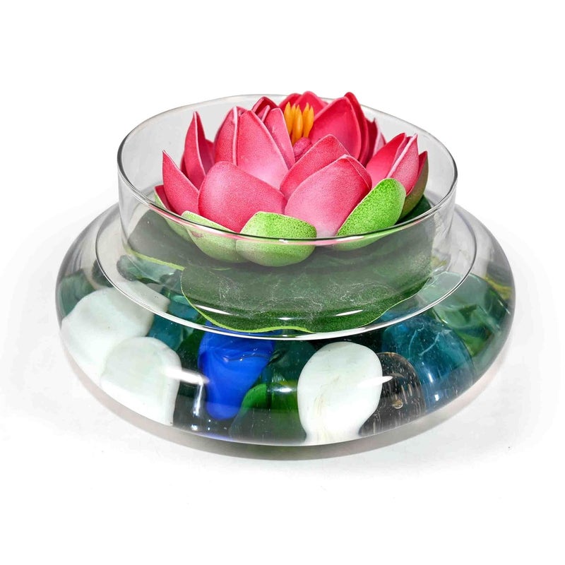 Greenfills Greenfills Glass Lotus Flower Vase with Colourful Stones 30 cm Diameter Centrepiece for Mini FlowersAntique Collections for Wedding Decorations Table Top Decor  - Image 1