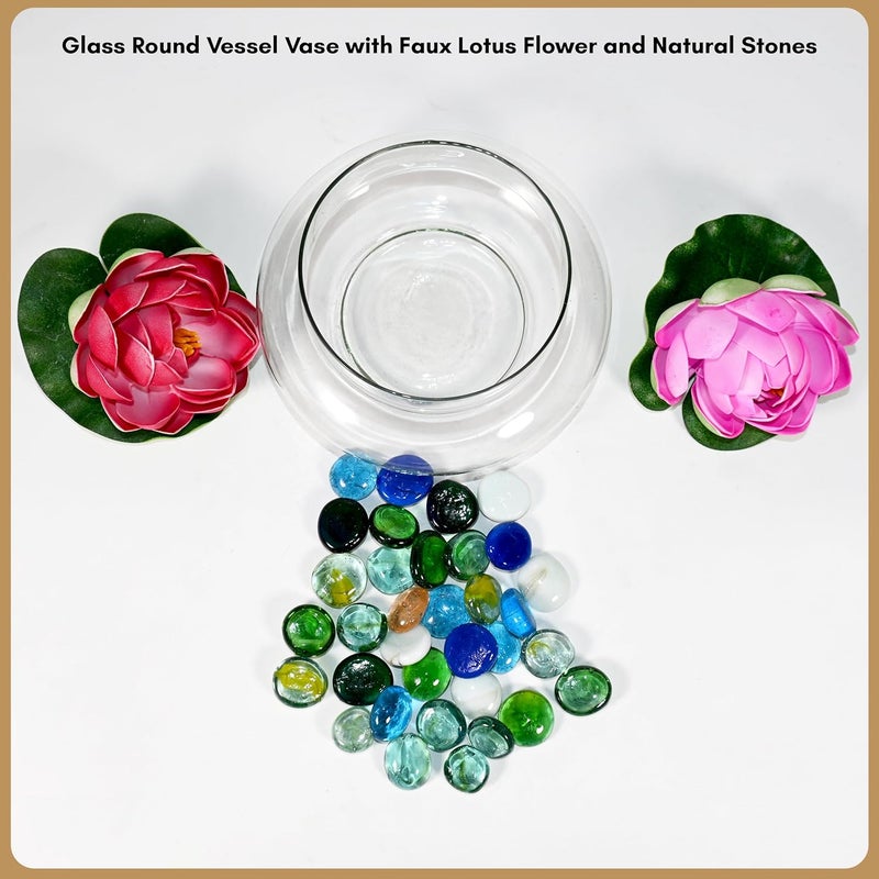 Greenfills Greenfills Glass Lotus Flower Vase with Colourful Stones 30 cm Diameter Centrepiece for Mini FlowersAntique Collections for Wedding Decorations Table Top Decor  - Image 2