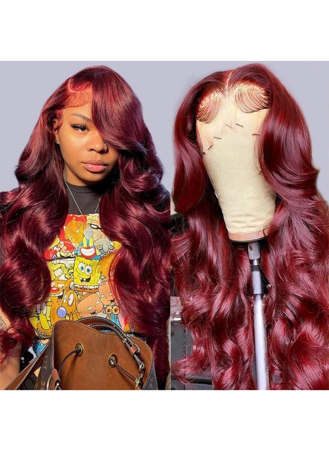 ROYAL IMPRESSION 99J Burgundy Lace Front Wigs Human Hair Glueless Wine Red Colored Body Wave Wigs Pre Plucked With Baby Hair 150% Density 13X4 Hd Transparent Lace Frontal Wigs For Women (24 Inch)  - Image 1