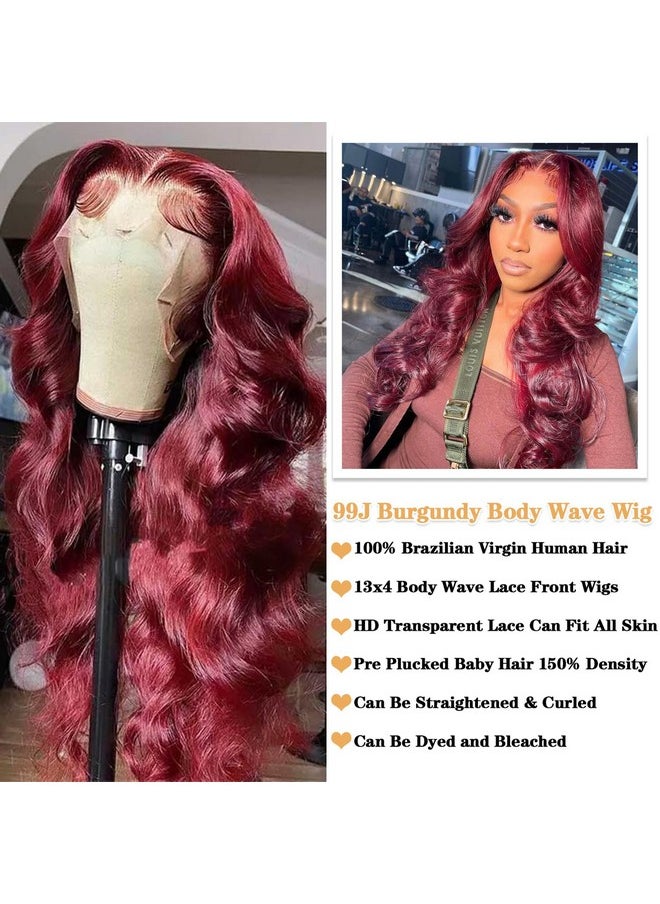 ROYAL IMPRESSION 99J Burgundy Lace Front Wigs Human Hair Glueless Wine Red Colored Body Wave Wigs Pre Plucked With Baby Hair 150% Density 13X4 Hd Transparent Lace Frontal Wigs For Women (24 Inch)  - Image 3