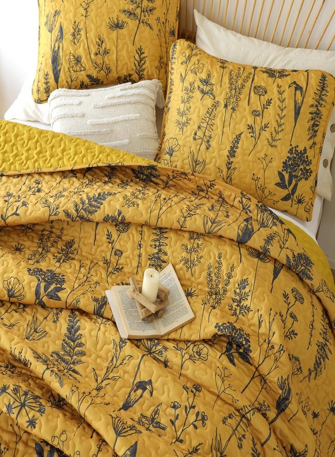 JANZAA Quilts Queen Size Ginger Quilt Botanical with Floral Pattern Microfiber Bedspreads Queen Size 3 Pieces Lightweight Comforter Reversible Bedding Set, 1 Quilt 90x90 inches, 2 Pillowcases - Image 3