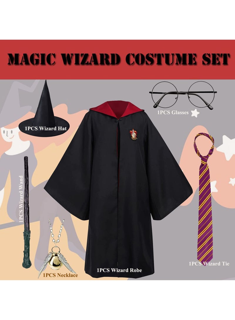 TAPIT 6PCS Kids Wizard Robes Cosplay Party Costume Magic Adults Wizard Cloak Wizarding Unisex Dress Up Magic Robe Cape Costume Hat Glasses Frame Tie Light Wand Necklace Costume for Boys Girls Gifts  - Image 3