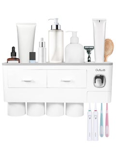 SKY-TOUCH Toothbrush Holder Wall Mounted Adhesive Automatic Toothpaste Dispenser Space Saving Toothbrush Organizer With Dustproof Cover Cups And Drawers Cosmetic Organizer 4 Cups (No Drill Need)  - Image 1