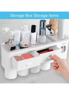SKY-TOUCH Toothbrush Holder Wall Mounted Adhesive Automatic Toothpaste Dispenser Space Saving Toothbrush Organizer With Dustproof Cover Cups And Drawers Cosmetic Organizer 4 Cups (No Drill Need)  - Image 3
