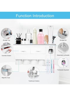 SKY-TOUCH Toothbrush Holder Wall Mounted Adhesive Automatic Toothpaste Dispenser Space Saving Toothbrush Organizer With Dustproof Cover Cups And Drawers Cosmetic Organizer 4 Cups (No Drill Need)  - Image 4