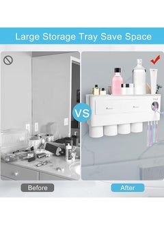 SKY-TOUCH Toothbrush Holder Wall Mounted Adhesive Automatic Toothpaste Dispenser Space Saving Toothbrush Organizer With Dustproof Cover Cups And Drawers Cosmetic Organizer 4 Cups (No Drill Need)  - Image 2