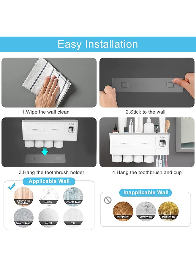 Toothbrush Holder Wall Mounted Adhesive Automatic Toothpaste Dispenser Space Saving Toothbrush Organizer With Dustproof Cover Cups And Drawers Cosmetic Organizer 4 Cups (No Drill Need)