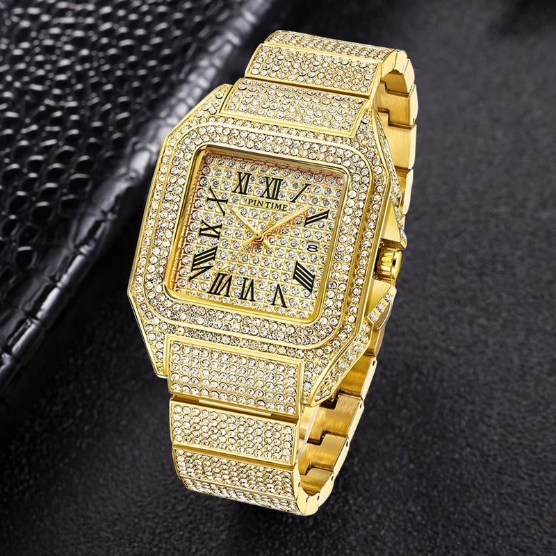 Pintime Men'S Watch Hip Hop Full Diamond Watch Men'S Quartz Calendar Men'S Watch Waterproof Non-Fading Watch - Image 2