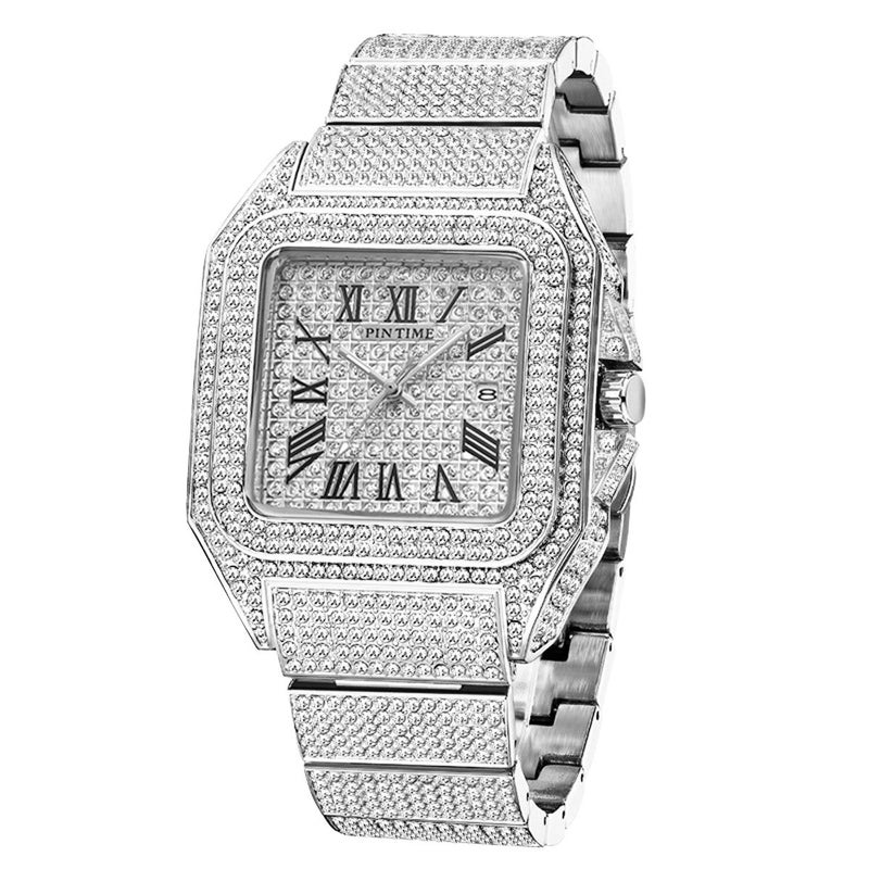 Pintime Men'S Watch Hip Hop Full Diamond Watch Men'S Quartz Calendar Men'S Watch Waterproof Non-Fading Watch - Image 1