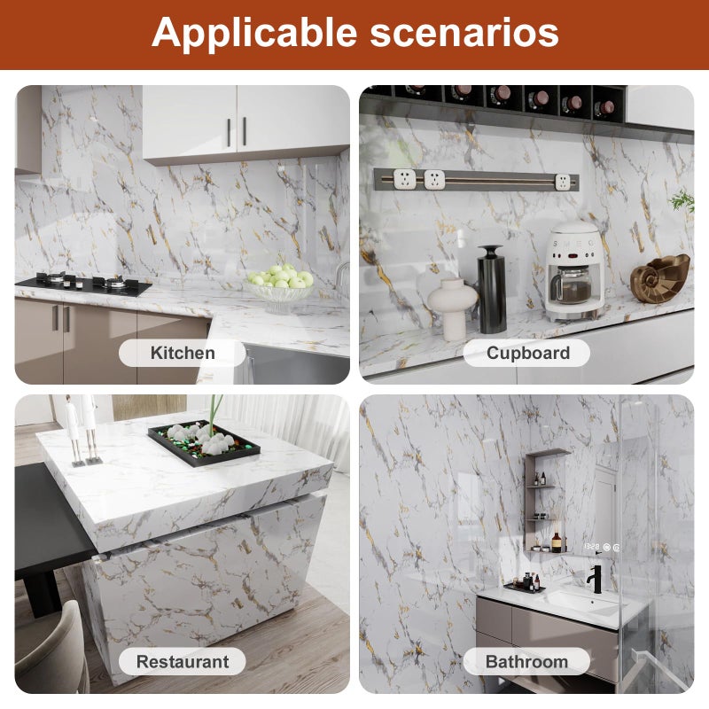 Yun-aeon Thick Marble Contact Paper for Countertops 15.7"x 78.7" - White and Gold Glossy Peel and Stick Wallpaper Self-Adhesive Removable Countertops for Kitchen Bathroom Cabinets - Image 2