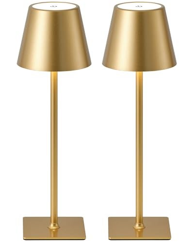 KDG 2 Pack Cordless Table Lamp Portable LED Desk Lamps 4000mAh Battery Operated 3 Color Stepless Dimming Up for Restaurant Bedroom Outdoor Camping Coffee Shop Night Light Rechargeable Gold - Image 1