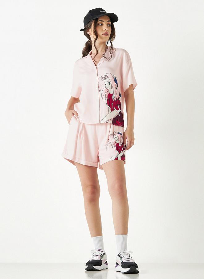 اس بي كاركترز قميص بطبعات ناروتو ساكورا بأكمام قصيرة وياقة كامب - Image 2