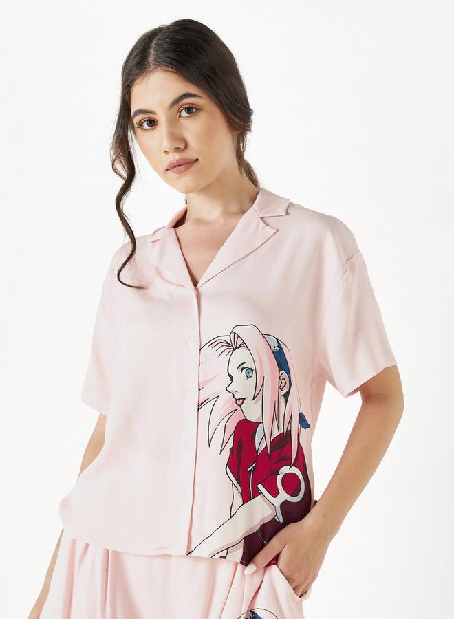 اس بي كاركترز قميص بطبعات ناروتو ساكورا بأكمام قصيرة وياقة كامب - Image 1