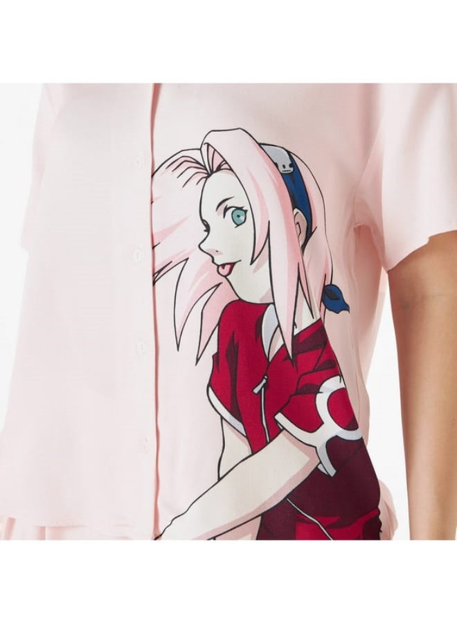 SP Characters Naruto Sakura Print Shirt with Camp Collar and Short Sleeves  - Image 1