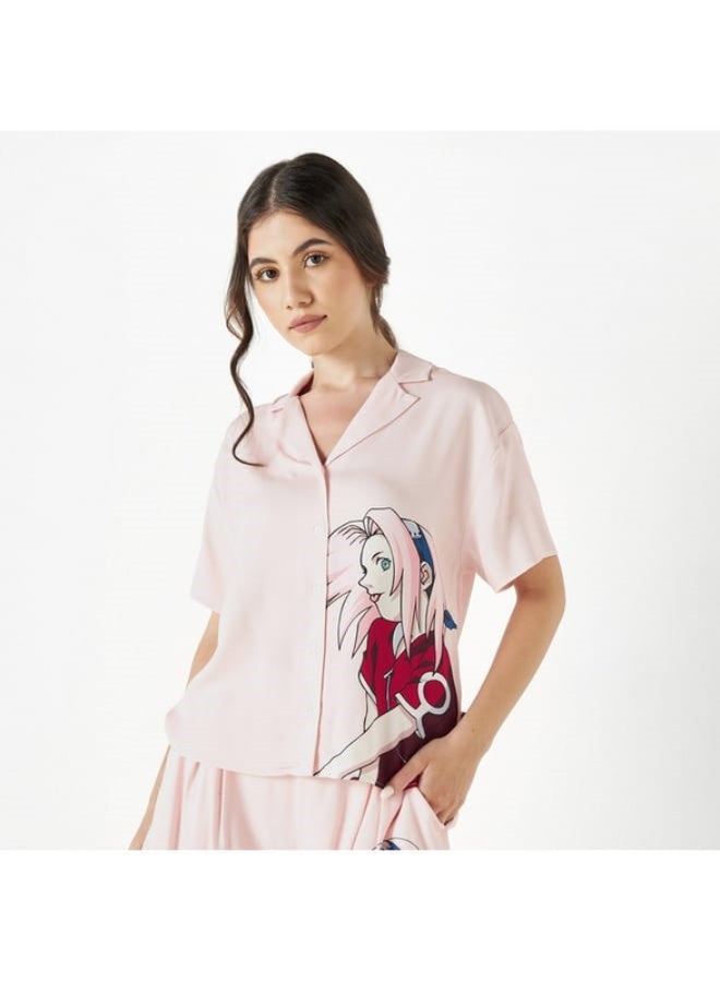 SP Characters Naruto Sakura Print Shirt with Camp Collar and Short Sleeves  - Image 2