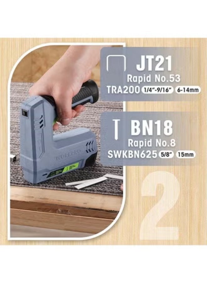 WORKPRO Power Electric Cordless 2-in-1 Staple and Nail Gun, 2.0Ah Battery Powered Stapler for Upholstery, Crafts, DIY, Including USB Charger Cable, 2000PCS of LIGHT DUTY and NAILS, Free gloves and measuring tape - Image 2