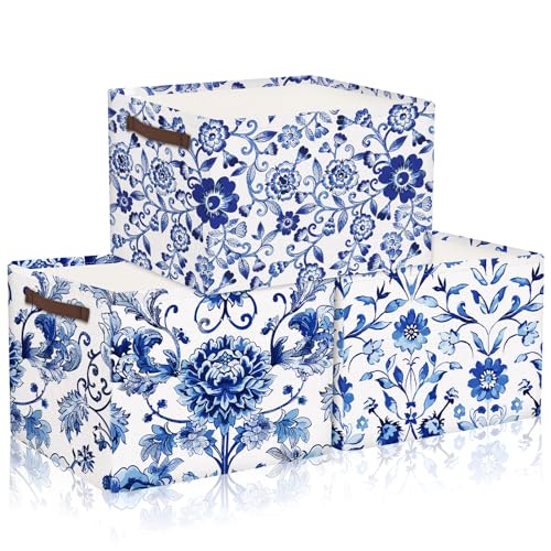 Geelin 3 Pack Blue and White Chinoiserie Storage Baskets Large Foldable Decorative Storage Bins with Handles Blue Floral Canvas Organizer Boxes for Closet Shelf Nursery Bedroom Home Organization - Image 1