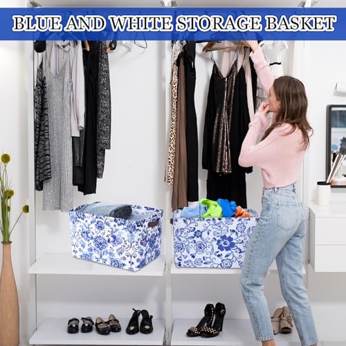 Geelin 3 Pack Blue and White Chinoiserie Storage Baskets Large Foldable Decorative Storage Bins with Handles Blue Floral Canvas Organizer Boxes for Closet Shelf Nursery Bedroom Home Organization - Image 3