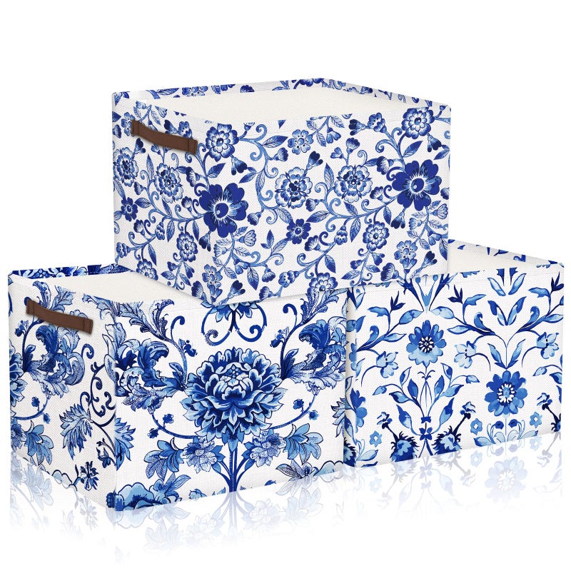 Geelin 3 Pack Blue and White Chinoiserie Storage Baskets Large Foldable Decorative Storage Bins with Handles Blue Floral Canvas Organizer Boxes for Closet Shelf Nursery Bedroom Home Organization - Image 2