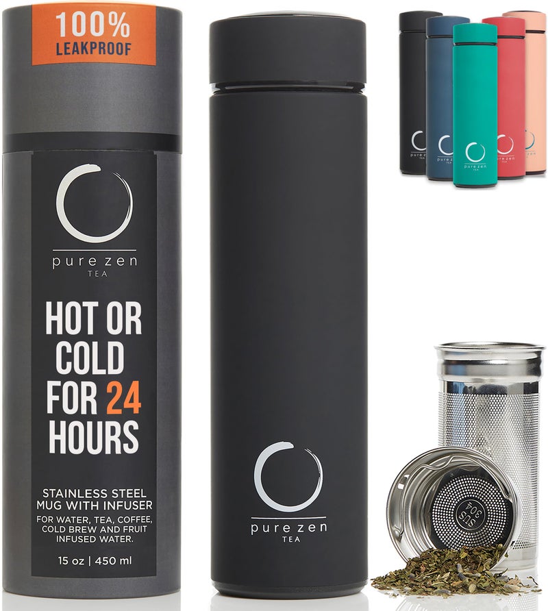 Pure Zen Tea Thermos with Infuser for Hot and Cold Infusions, Coffee and Fruit-Infused Water - Stainless Steel - Tea Infuser Bottle - Leakproof Travel Mug with Filter - 15oz - Black - Image 1