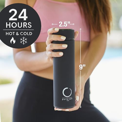 Pure Zen Tea Thermos with Infuser for Hot and Cold Infusions, Coffee and Fruit-Infused Water - Stainless Steel - Tea Infuser Bottle - Leakproof Travel Mug with Filter - 15oz - Black - Image 2