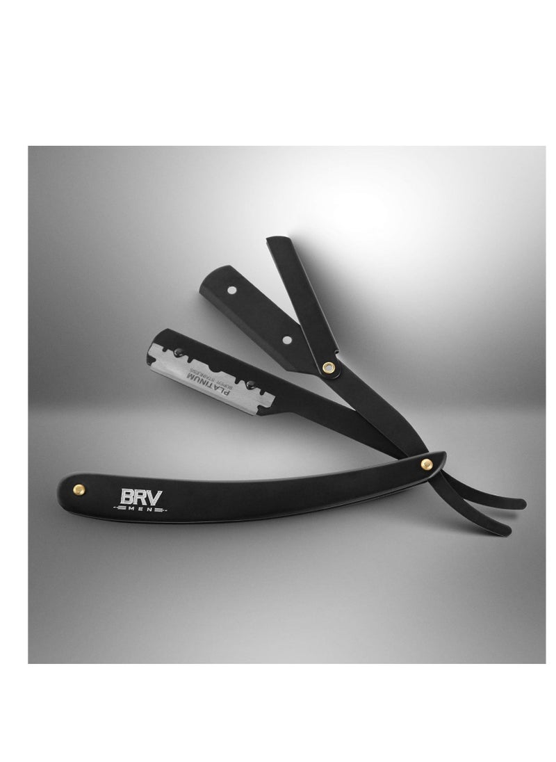 BRV MEN Professional Straight Edge Barber Razor w/ 100 Lord Platinum Single Edge Razor Blades | Straight Razors for Men | Barbershop Accessories | Mens Shaving Knife & Shavette - Black  - Image 3