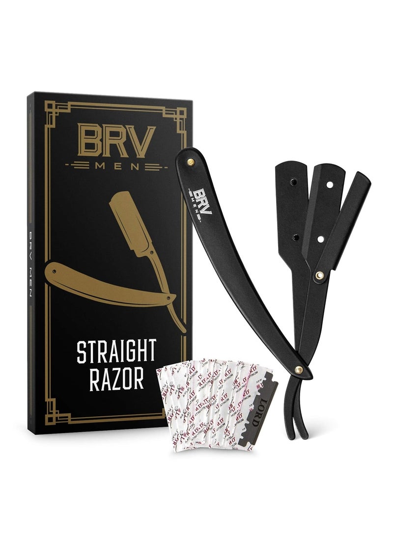 BRV MEN Professional Straight Edge Barber Razor w/ 100 Lord Platinum Single Edge Razor Blades | Straight Razors for Men | Barbershop Accessories | Mens Shaving Knife & Shavette - Black  - Image 1