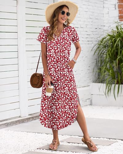 MISFAY Women's Summer Casual Maxi Dress 2026 Short Sleeves V Neck Loose Sundress Split Long Beach T Shirt Dress Vacation Outfits(Floral Red,XL) - Image 4