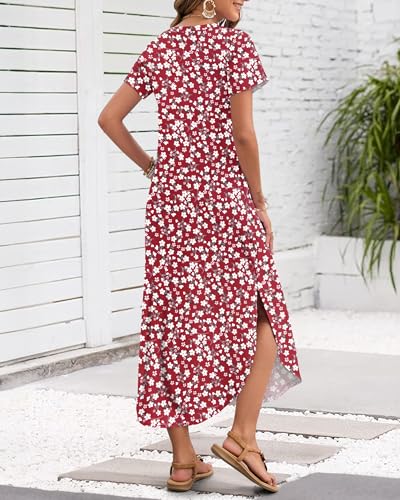 MISFAY Women's Summer Casual Maxi Dress 2026 Short Sleeves V Neck Loose Sundress Split Long Beach T Shirt Dress Vacation Outfits(Floral Red,XL) - Image 3