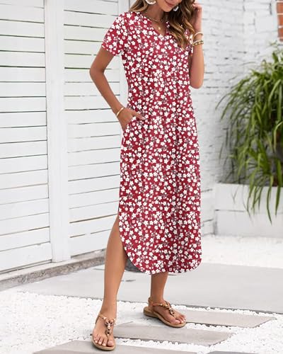 MISFAY Women's Summer Casual Maxi Dress 2026 Short Sleeves V Neck Loose Sundress Split Long Beach T Shirt Dress Vacation Outfits(Floral Red,XL) - Image 2