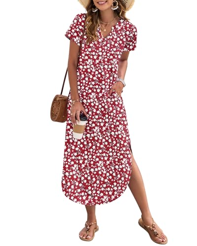 MISFAY Women's Summer Casual Maxi Dress 2026 Short Sleeves V Neck Loose Sundress Split Long Beach T Shirt Dress Vacation Outfits(Floral Red,XL) - Image 5