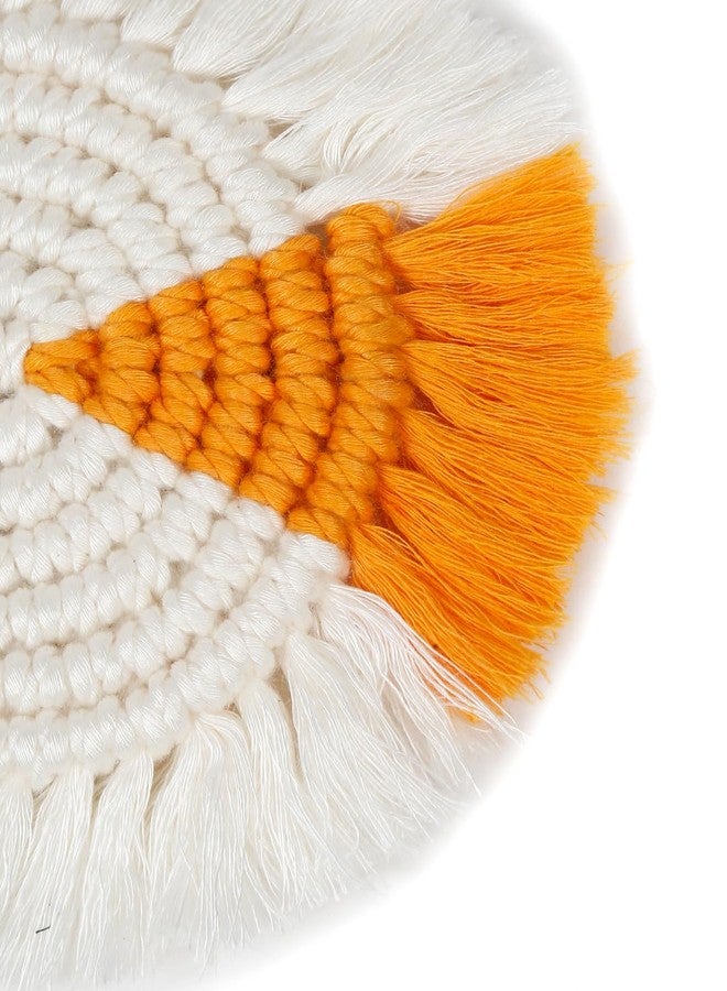 My Creative Hut's Macrame Round Coasters Bohemian Style, Handmade, Absorbent Than Wood, Steel, Stone Material, Big Size 6" (White-Orange, Set of 4) - Image 1