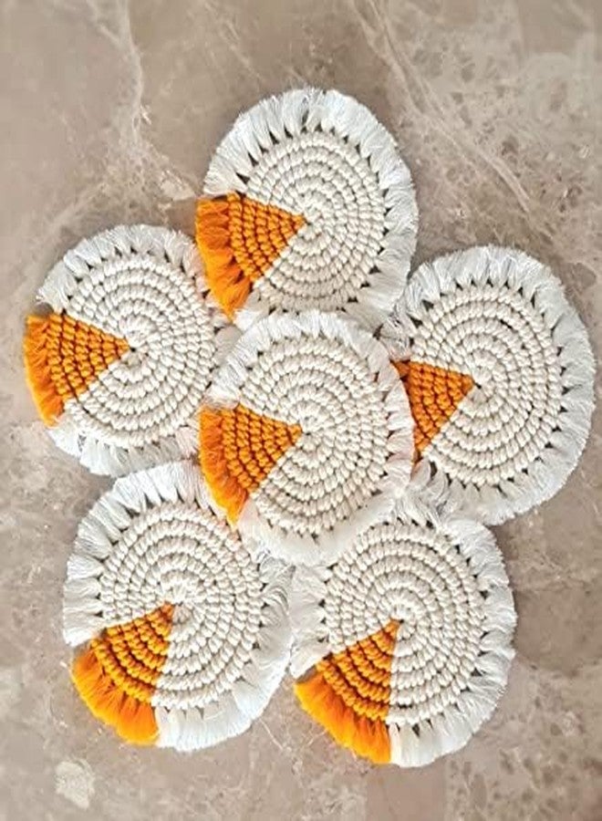 My Creative Hut's Macrame Round Coasters Bohemian Style, Handmade, Absorbent Than Wood, Steel, Stone Material, Big Size 6" (White-Orange, Set of 4) - Image 4