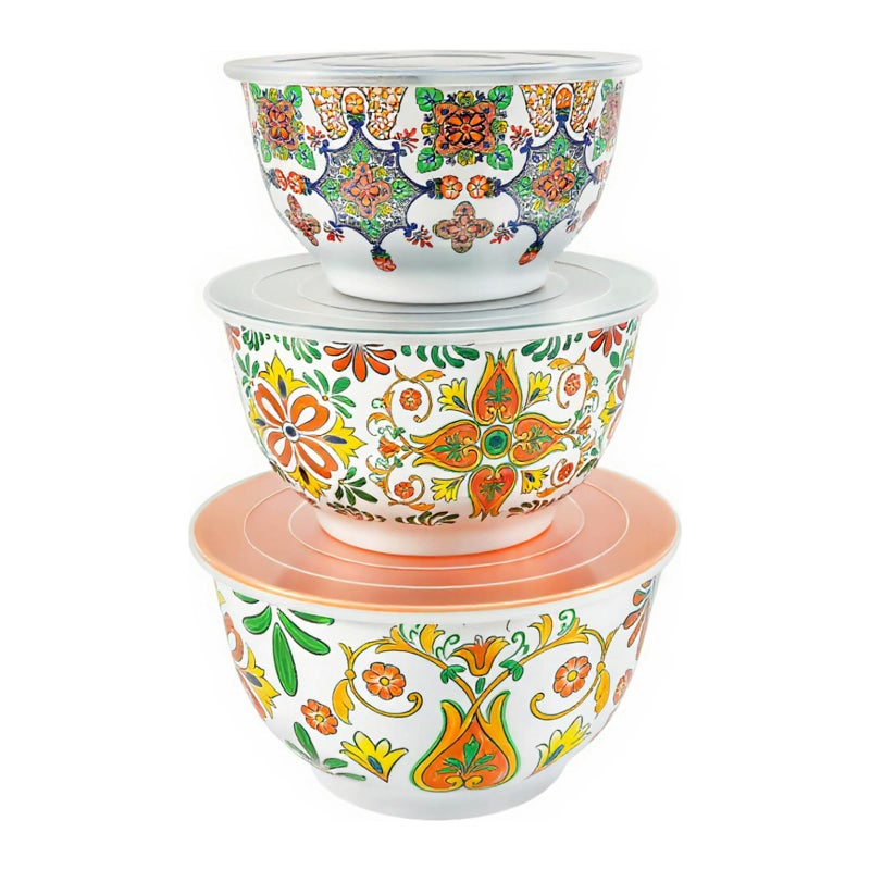 TP Large Mixing Bowl Set with Lids Melamine Nesting Bowls Set for Pasta Baking Salad Mixing Set of 3 Aztec Bloom