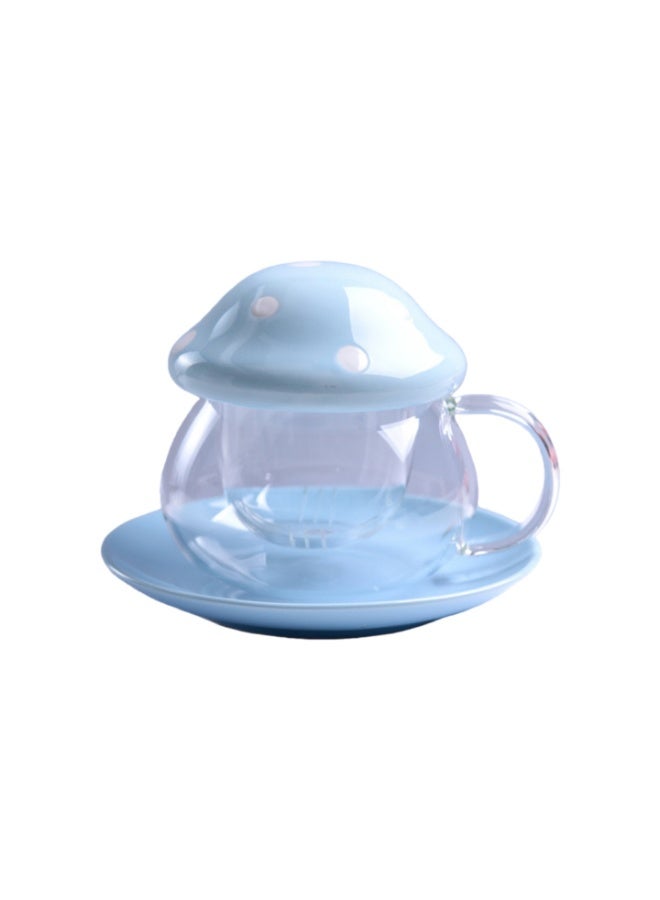 فولانري كوب شاي زجاجي لطيف على شكل فطر مع مصفاة وملعقة، إبريق شاي شفاف كاواي مع فلتر وغطاء سيراميكي وقاعدة، مقاوم للحرارة للاستخدام المنزلي والمكتبي، 290 مل (أزرق) - Image 1