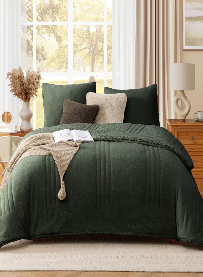 Monbix Fluffy Full Comforter Set Deep Forest, Sherpa Plush Fuzzy Comforter 3 Piece for Full Size Bed, Luxury Soft Winter Warm Bedding Set - Image 1