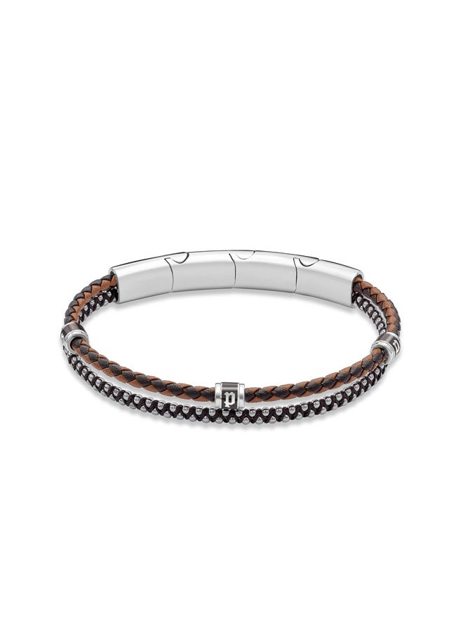 POLICE Twinrow BraceletDouble Row Brown Leather and Cord with Grey-Metal P LogoBold and Iconic Men's Style  - Image 2