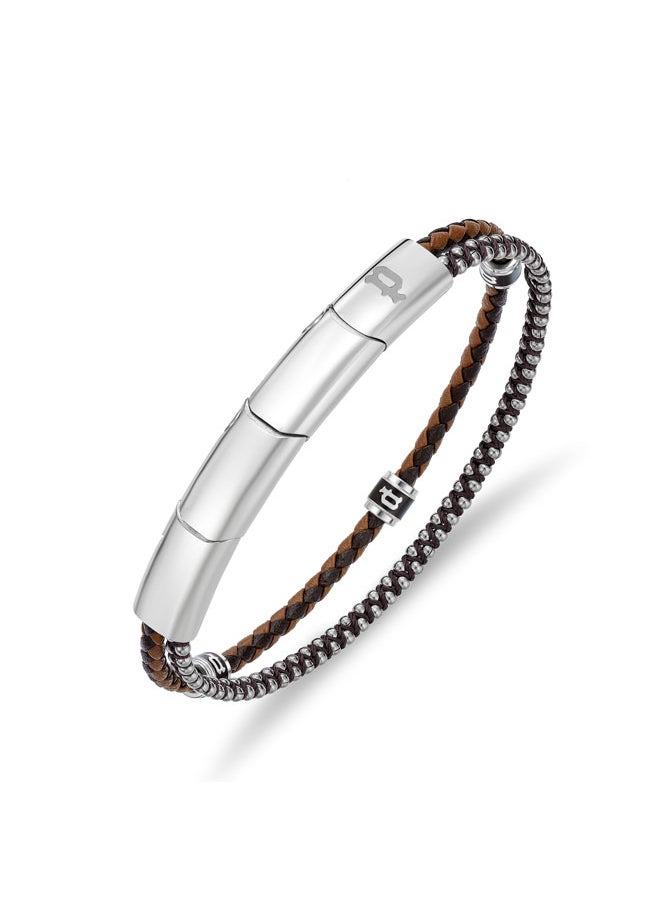 POLICE Twinrow BraceletDouble Row Brown Leather and Cord with Grey-Metal P LogoBold and Iconic Men's Style  - Image 1
