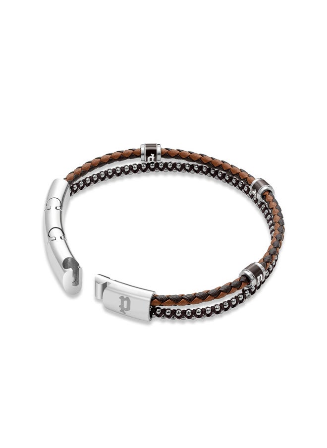 POLICE Twinrow BraceletDouble Row Brown Leather and Cord with Grey-Metal P LogoBold and Iconic Men's Style  - Image 3